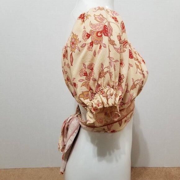 Rusttydustty top Large floral print cropped puff sleeve cutout tie back boho - Picture 4 of 13